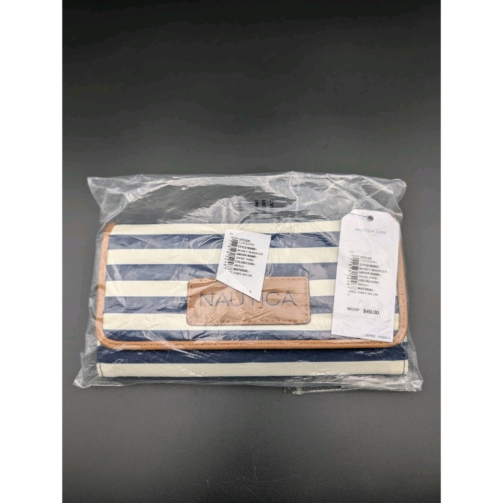 Nautica Trifold Women's Wallet, Canvas, Dark/Light Blue Stripes, 7.5" X 4" New